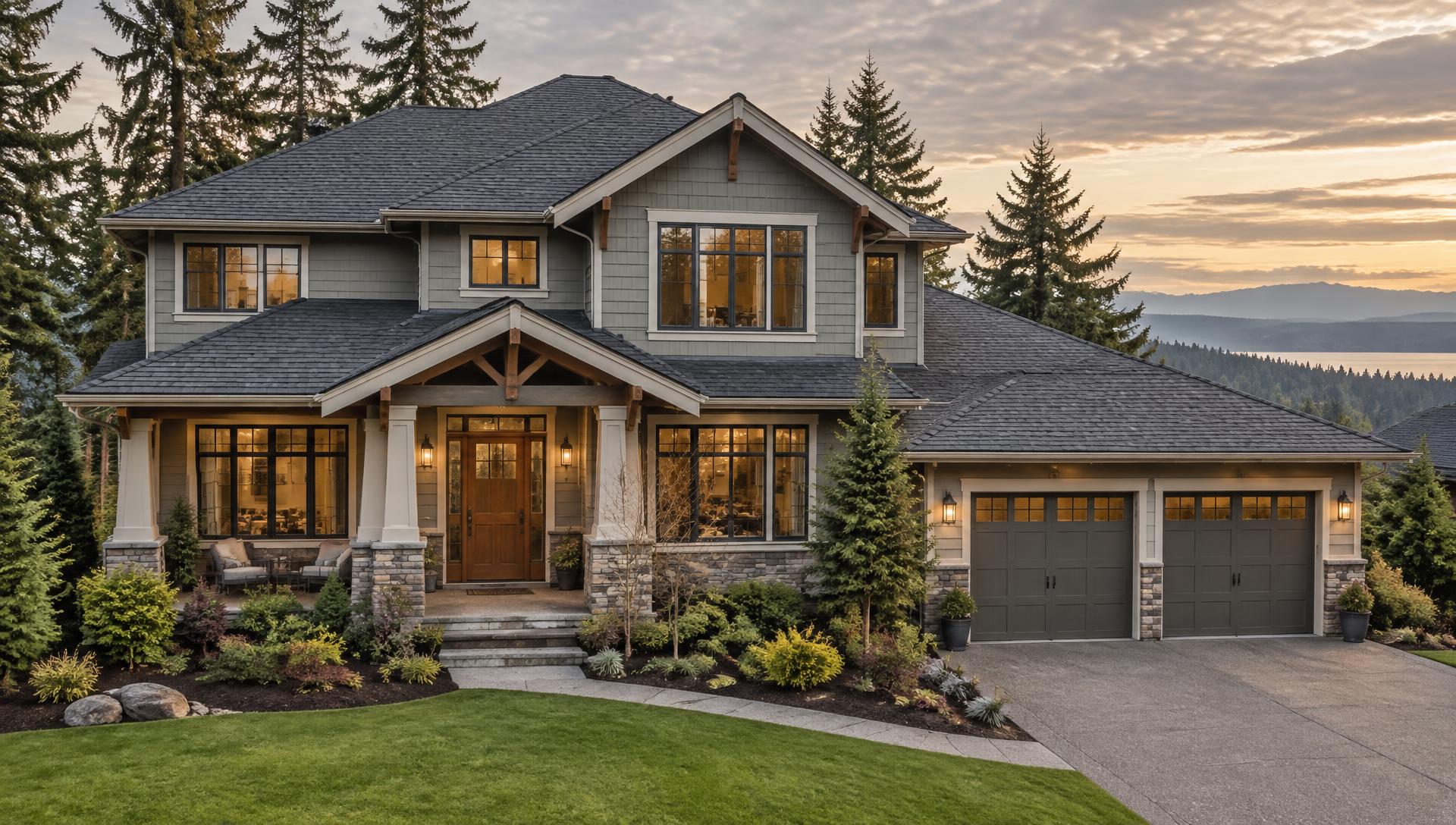Craftsman home with a new charcoal asphalt shingle roof among evergreens